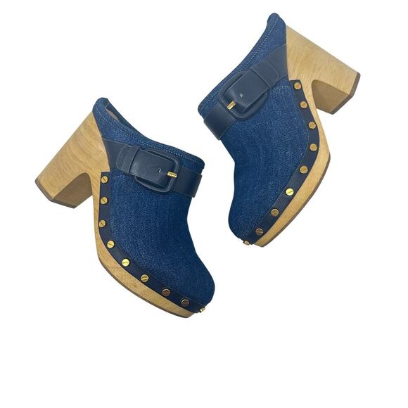 Veronica‎ Beard Dacey Denim Clogs Heels Studded Buckle Wood Blue Size 6 - Picture 1 of 13